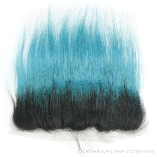 Ombre #1B/Blue Peacock Bundles With Frontal Straight Ombre Blue Human Hair Bundles With Lace Frontal Brazilian Remy Human Hair